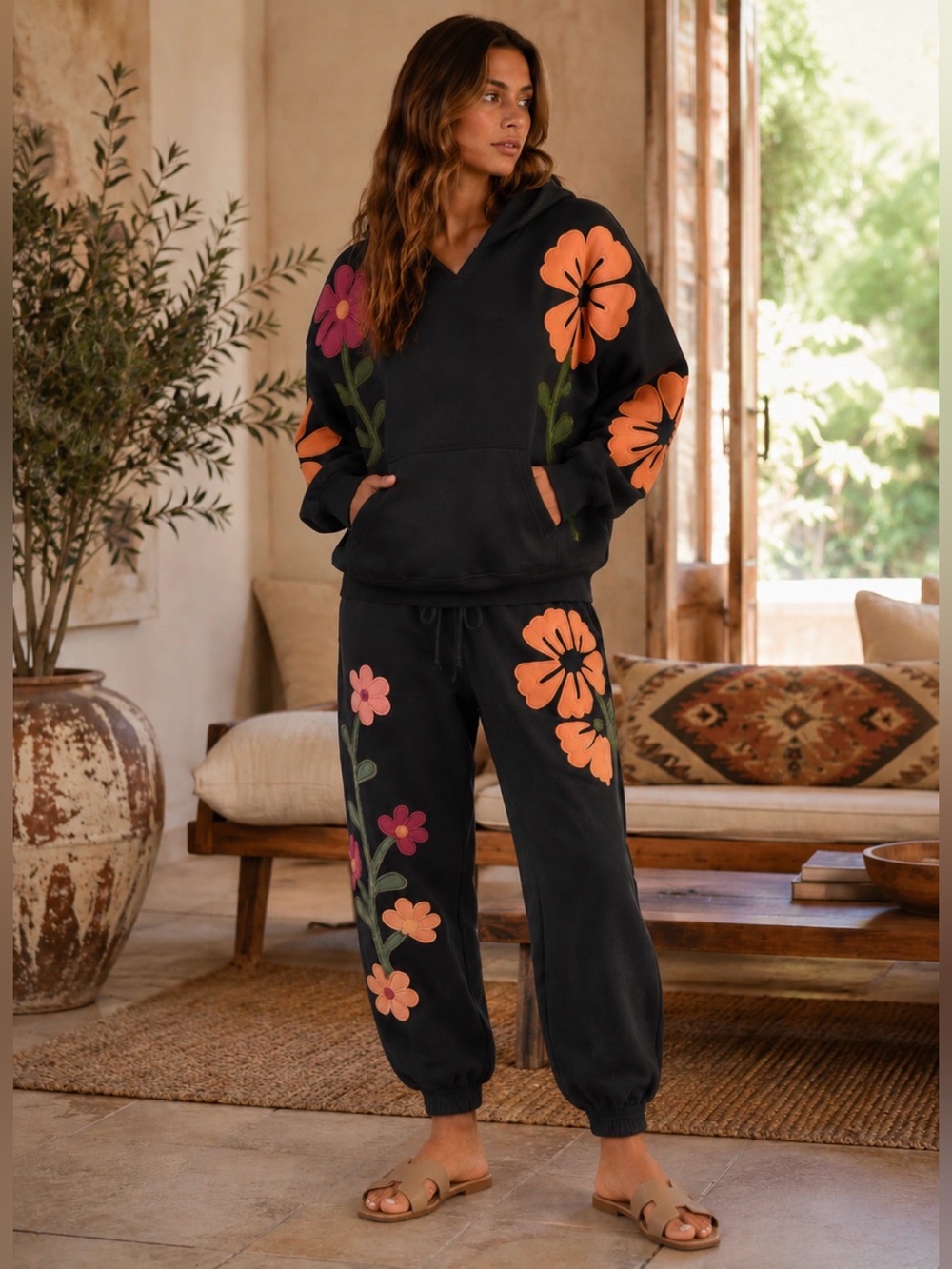124. Black Floral Sweatpants with Drawstring Waist - Picture 2 of 2